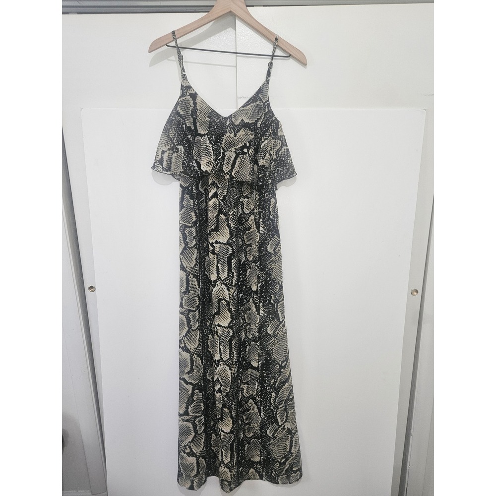 Rue21 Womens Snakeskin Print Maxi Dress Black Cream Ruffle V-Neck Small